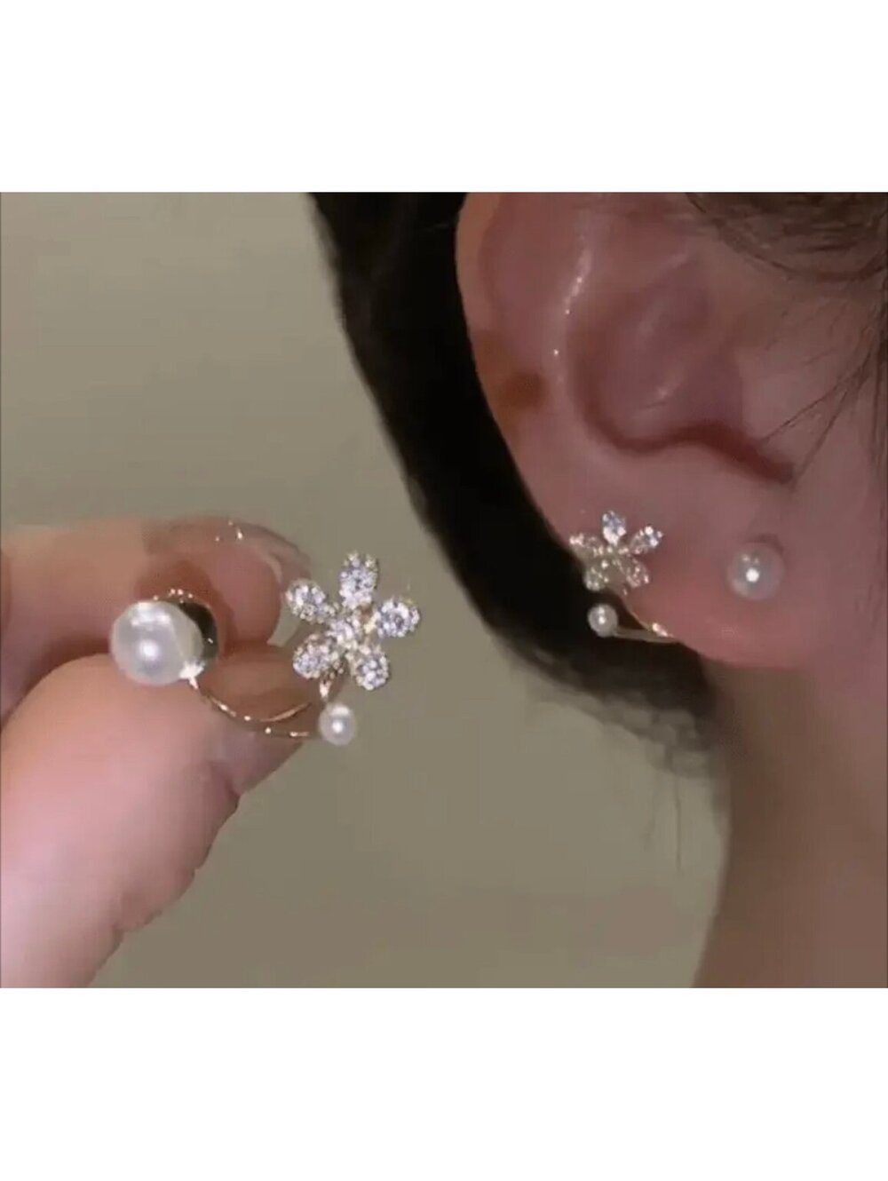 New - Elegant 18k Gold - Faux Pearl - Flower Climber - Stud Earrings